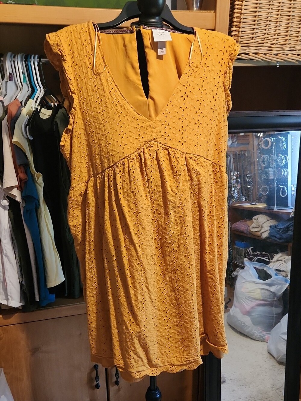 Knox Rose Mustard Eyelet V-Neck Babydoll Dress